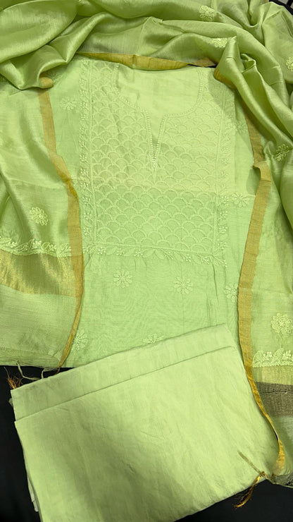 Timeless Craft: Handcrafted Chikan Chanderi 3pcs Silk Suits