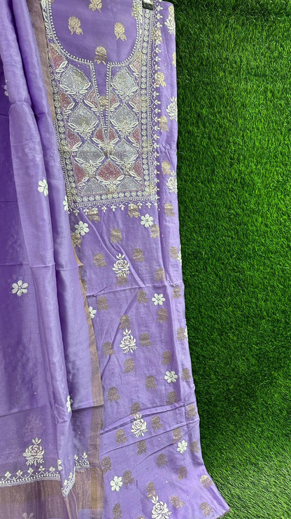 Pure Banarasi Chanderi Silk Shirt & Dupatta with Intricate Chikan & Embellishments