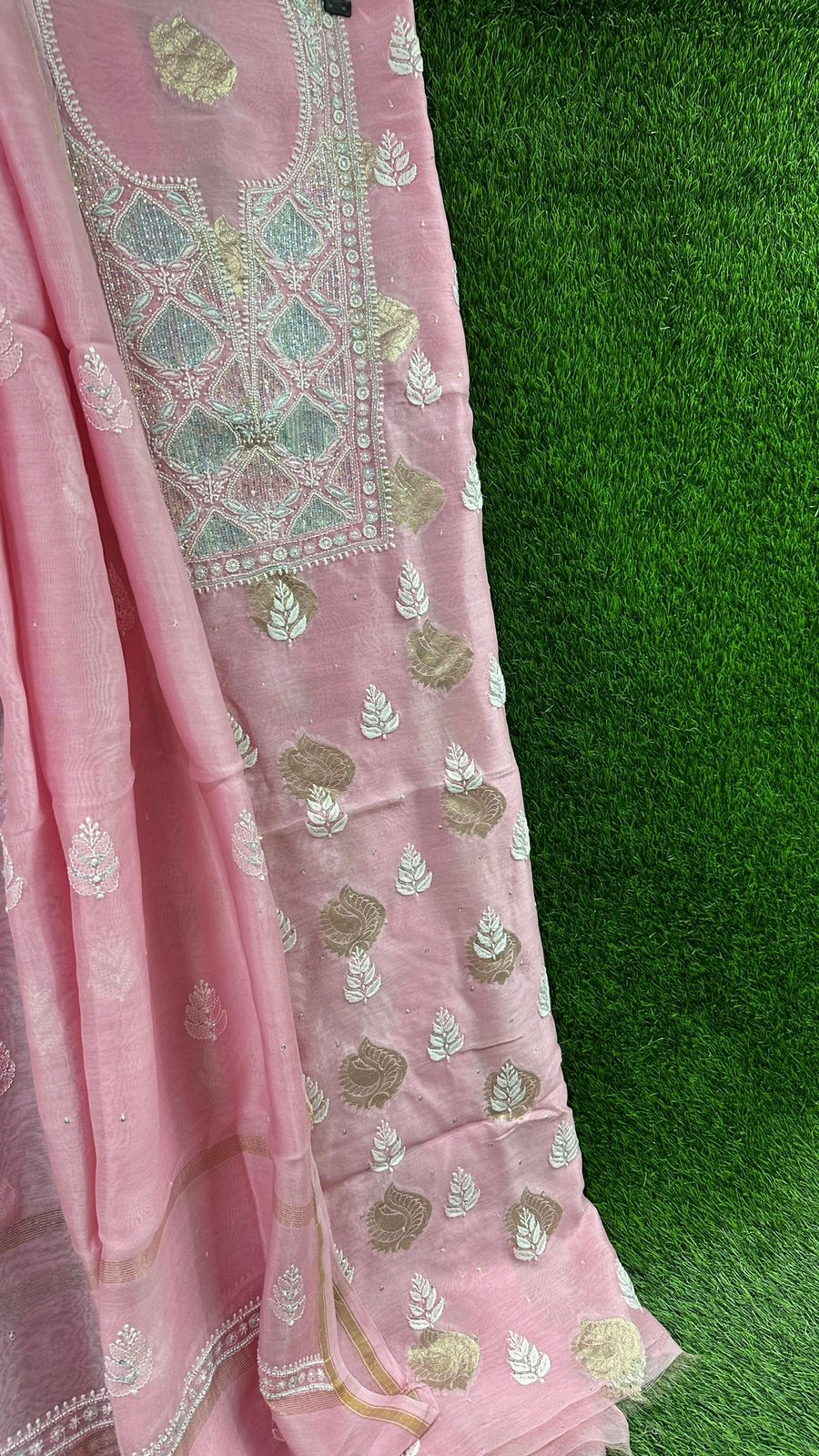 Pure Banarasi Chanderi Silk Shirt & Dupatta with Intricate Chikan & Embellishments