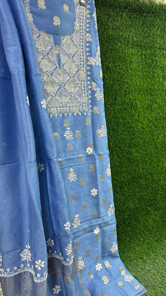 Pure Banarasi Chanderi Silk Shirt & Dupatta with Intricate Chikan & Embellishments