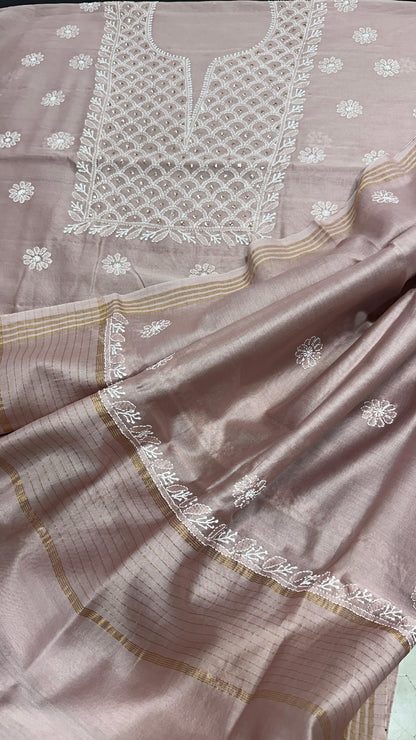 Lucknowi Chikan & Mukesh Work Chanderi Silk Set