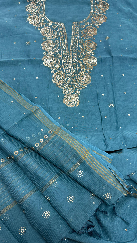 Pure Maheshwari Silk Shirt and Dupatta with Intricate Mukesh Embroidery