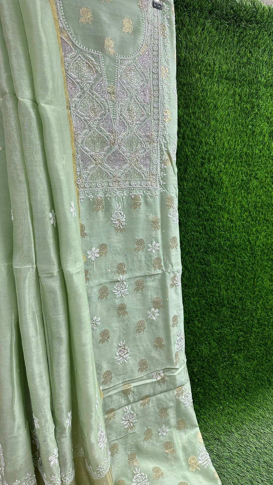 Pure Banarasi Chanderi Silk Shirt & Dupatta with Intricate Chikan & Embellishments