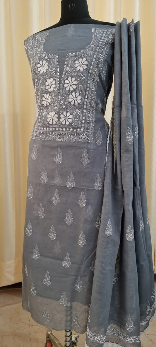 Traditional Kota Doria Shirt & Dupatta with Lucknowi Chikan Embroidery