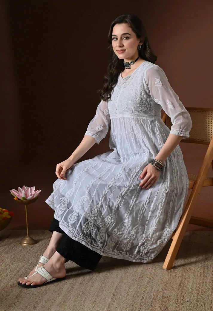 White embroidered Anarkali kurti lifestyle photoshoot image