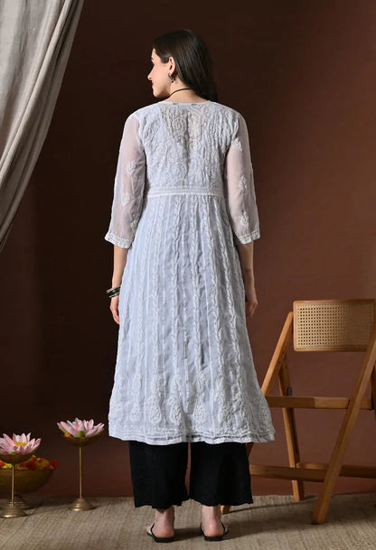 Back view of white embroidered Anarkali kurti for women