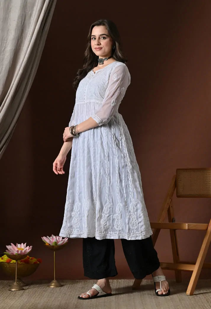 Front view of white embroidered Anarkali kurti for women