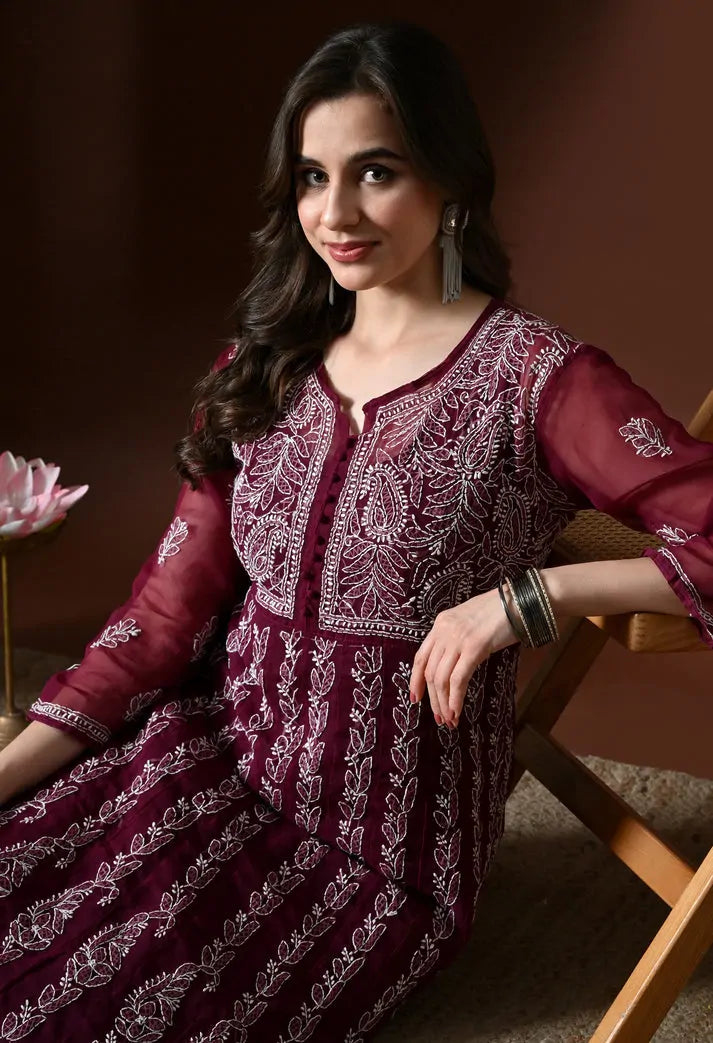 Close portrait view of wine embroidered Anarkali kurti for women
