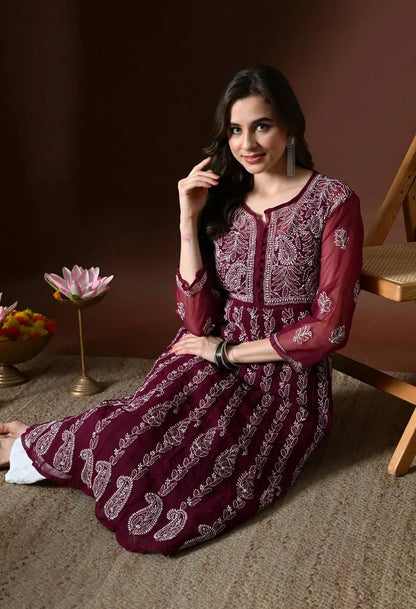 Wine colour embroidered Anarkali kurti lifestyle photoshoot image