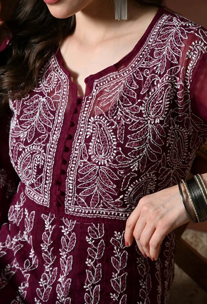 Detailed neckline embroidery on wine colour Anarkali kurti