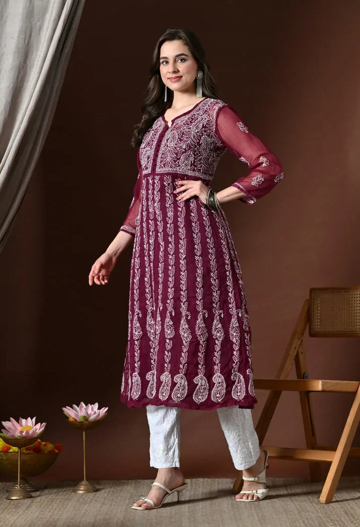 Wine colour embroidered Anarkali kurti side pose with ethnic styling