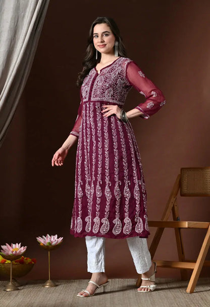 Wine colour embroidered Anarkali kurti side pose with ethnic styling