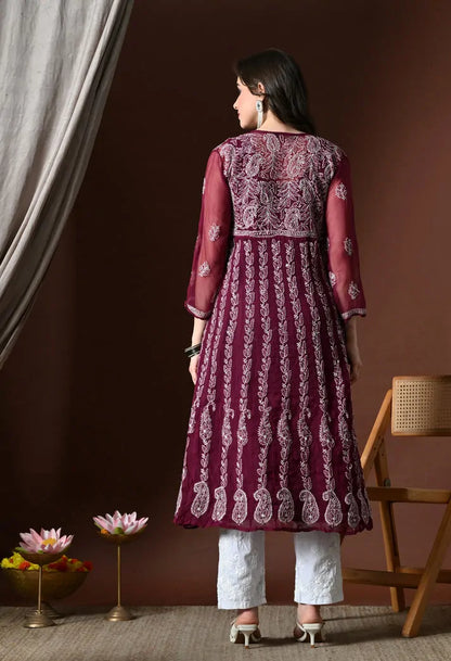 Back view of wine embroidered Anarkali kurti for women