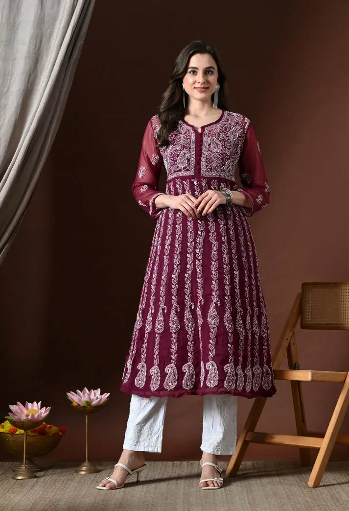 Front view of wine colour embroidered Anarkali kurti for women