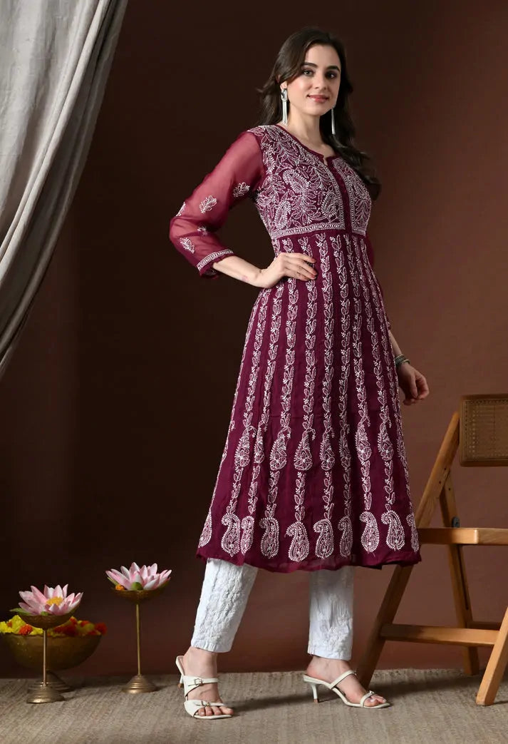 Wine colour flared embroidered Anarkali kurti fashion pose