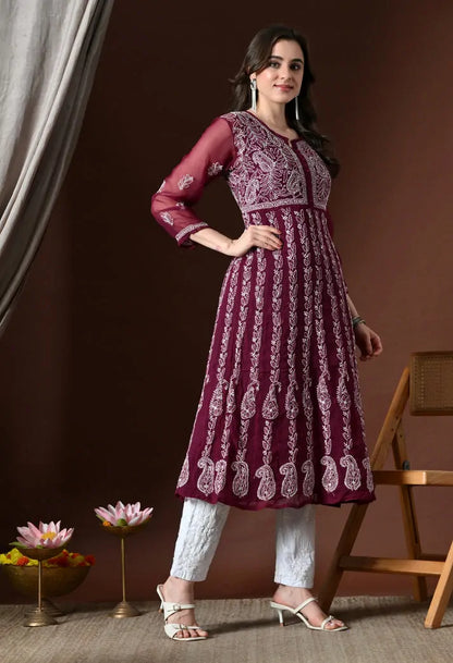 Wine colour flared embroidered Anarkali kurti fashion pose